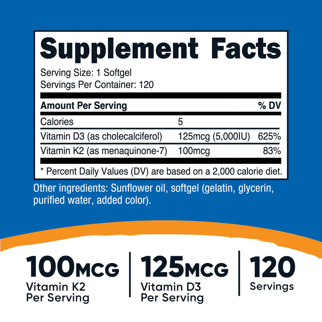 Vitamina K2 (mk7) (100 mcg) + Cápsulas blandas de vitamina D3 (5000 UI) (120 cápsulas blandas)