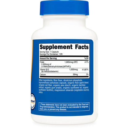 Nutricost 甲基化维生素 B12 + 叶酸胶囊（120 粒胶囊）
