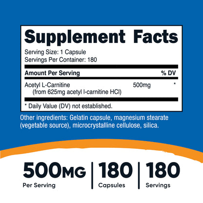 Nutricost Acetyl L-Carnitine Capsules (500 MG) (180 Capsules)