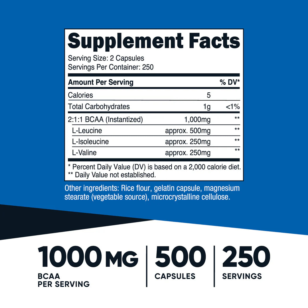 Nutricost BCAA Capsules (1000 MG) (500 Capsules)