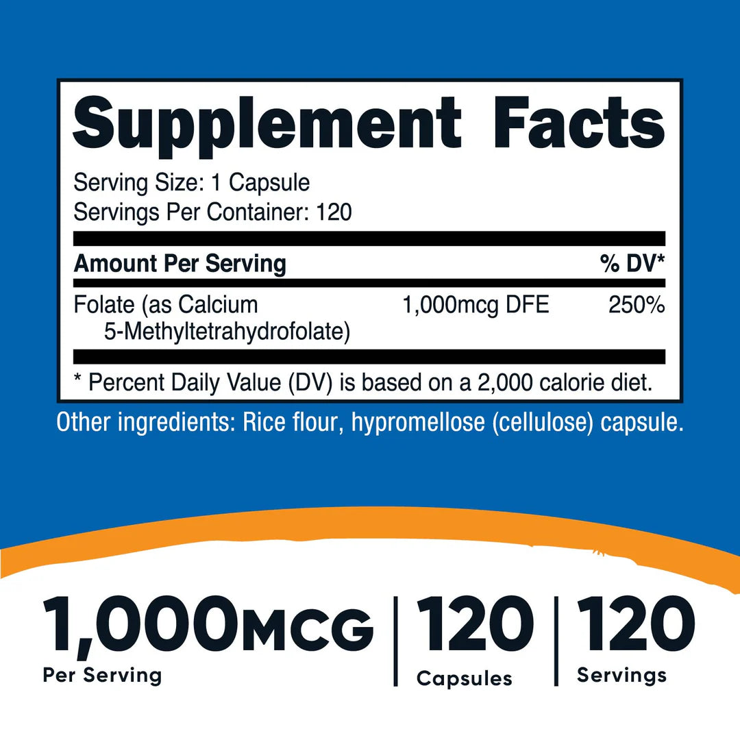 Capsules de folate de méthyle (vitamine B9) (1000 MCG) (120 capsules)