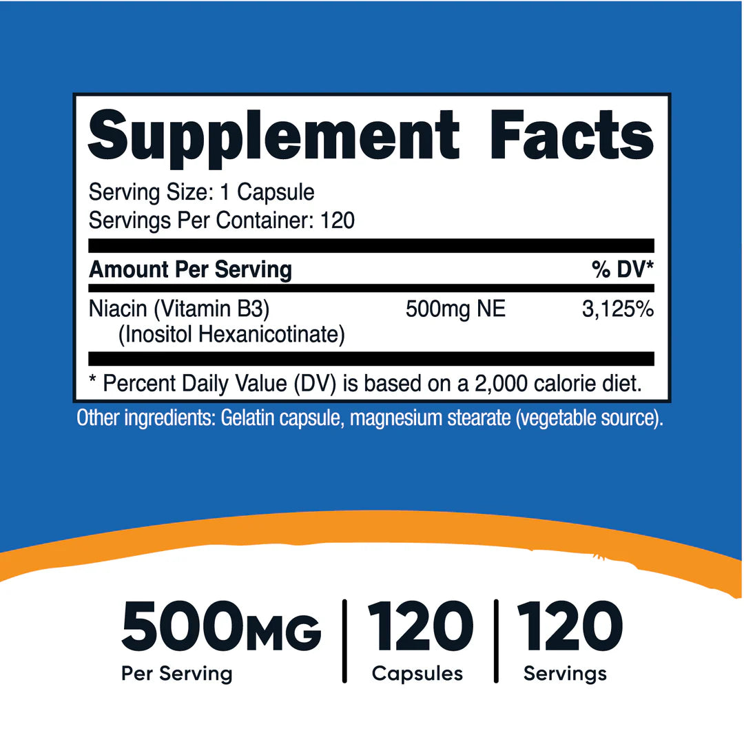 Capsules de niacine sans rinçage (hexanicotinate d'inositol) (500 MG) (120 capsules)