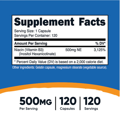 Cápsulas sin enjuague de niacina (hexanicotinato de inositol) (500 mg) (120 cápsulas)