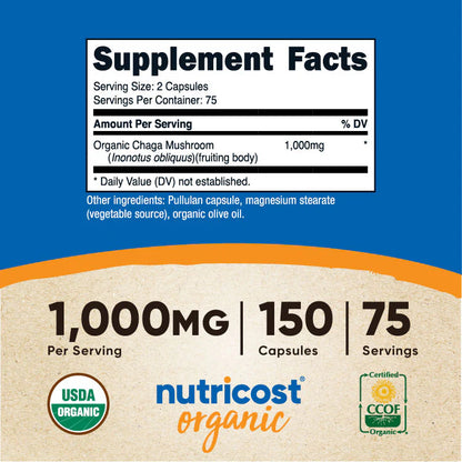 Nutricost Organic Chaga Capsules (1000 MG) (150 Capsules)