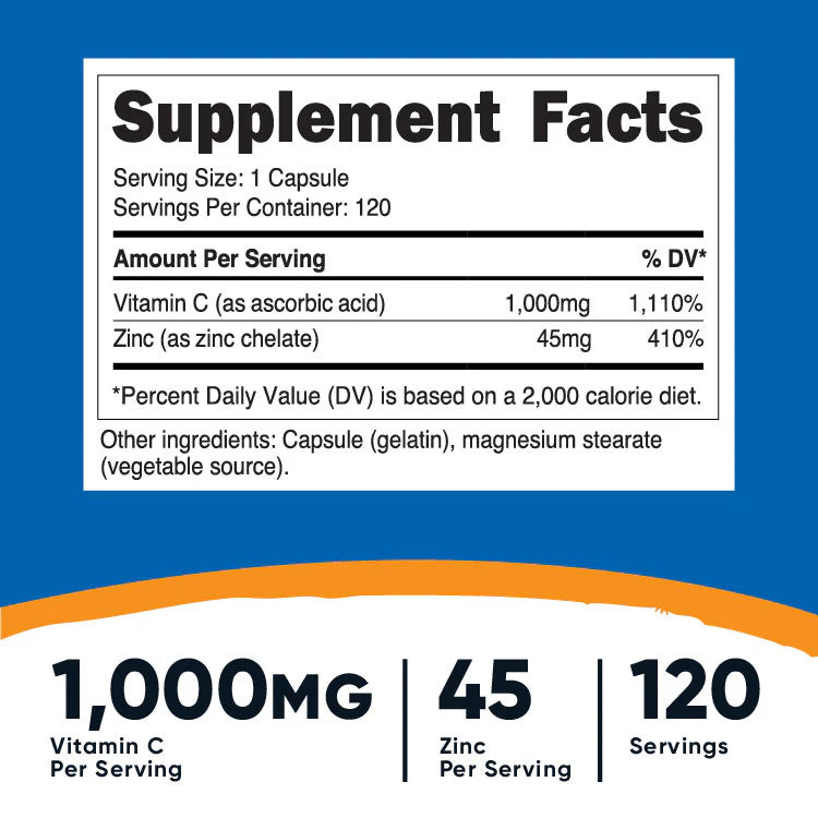 Nutricost Vitamin C With Zinc Capsules (1045 MG) (120 Capsules)