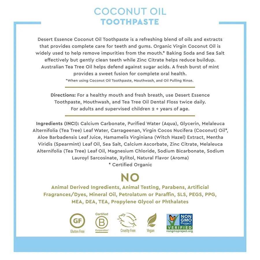 Desert Essence Coconut Oil Coconut Mint Toothpaste (6.25 oz) Fluoride-Free