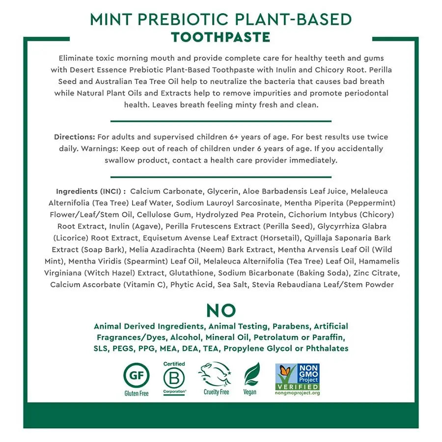 Desert Essence Prebiotic Plant-Based Carrageenan Free Mint Toothpaste (6.25 oz) Fluoride-Free