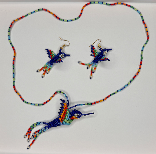 Handcrafted Hummingbird Necklace and Earrings Set - Blue, Red and Orange Beads (Chaquiras)