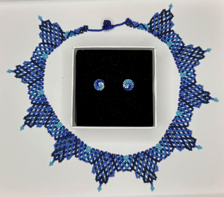 Handcrafted Necklace and Earrings Set - Blue and Black Beads (Chaquiras)