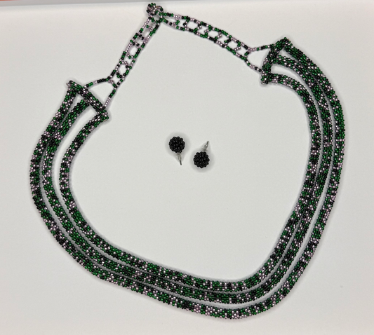 Handcrafted Necklace and Earrings Set - Black, Green and Silver Beads (Chaquiras)