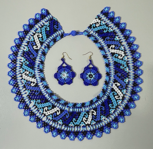 Handcrafted Necklace and Earrings Set - Blue, White and Black Beads (Chaquiras)