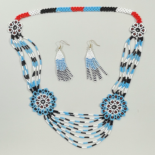 Handcrafted Floral Necklace and Earrings Set - Blue, White, Black and Red Beads (Chaquiras)