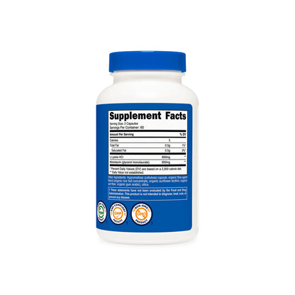 Nutricost L-赖氨酸 + 单月桂酸甘油酯（120 粒胶囊） 