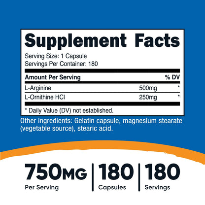 Nutricost L-Arginine L-Ornithine Capsules (180 Capsules)